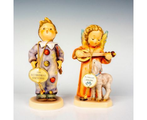 Hand painted in matte finish modeled as an angel playing a tune for the lamb and a young boy dressed as a Pierrot. Both inclu
