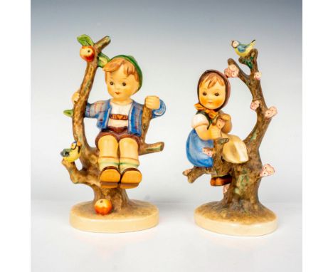 Hand painted in matte finish titled Apple Tree Boy and Apple Tree Girl. M. I. Hummel impressed backstamp. Goebel backstamp. T