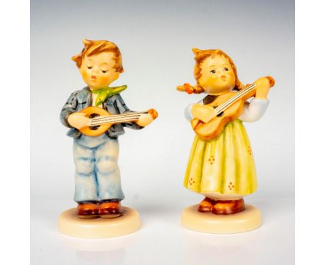 Hand painted in matte finish, exclusive edition pieces titled Little Troubadour and Strum Along. M. I. Hummel impressed backs