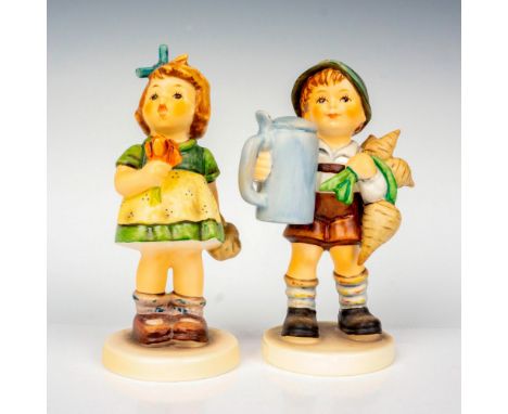 Hand painted in matte finish modeled as working children. M. I. Hummel impressed backstamp. Goebel backstamp. Dimensions: 2.5