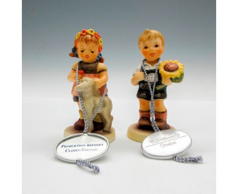 Miniature Sunflower Boy 2219 and girl with lamb, Springtime Friends 2218 figural colored in yellow and browns. Goebel Hummel 