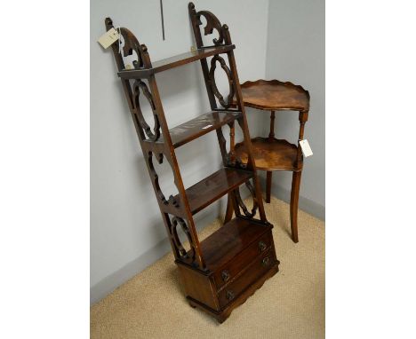 A reproduction mahogany wall bracket of four-tiers, with two cock-beaded drawers and fret-cut ends; and a small two-tier side