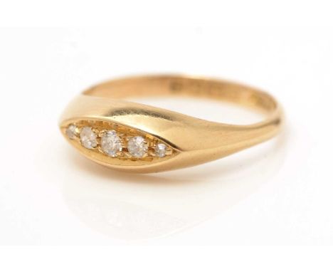 A five stone diamond ring, the graduated old cut diamonds in marquise shaped mount, on 18ct yellow gold shank, ring size K, 2