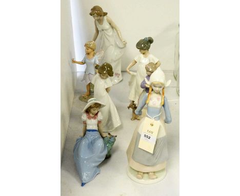 A group of Lladro, Nao and similar figurines, including: a Lladro figurine of young girl tiptoeing in a dress, No. 6975; Nao 