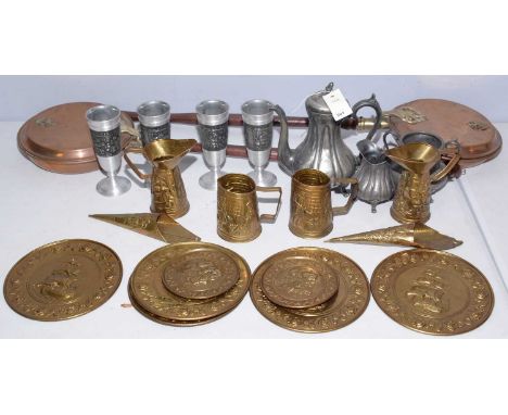 A selection of pewter, brass and metalware, including: a pair of copper bedpans, each with stained turned wood handle; a thre