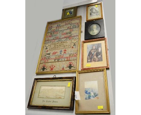 19th Century and later pictures, including: a Victorian alphabet sampler, worked by Sarah Hall Ewart, aged 17, 1877, and a St