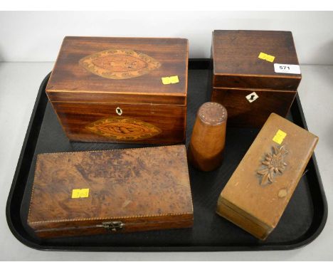 Antique boxes, including: a Georgian marquetry inlaid tea caddy (lacking contents); one further similar string inlaid example