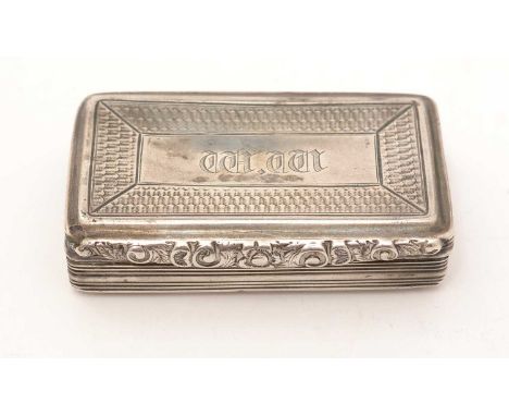 A silver snuff box, by John Lilly, Birmingham 1832, with floral thumb piece and engraved initials, 6.5cms wide, 2.3oz. 