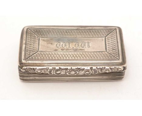 A silver snuff box, by John Lilly, Birmingham 1832, with floral thumb piece and engraved initials, 6.5cms wide, 2.3oz. 