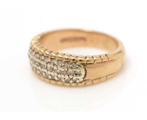 A diamond ring, set with three rows of diamonds, on 9ct yellow gold shank, ring size J, 4.1g gross.