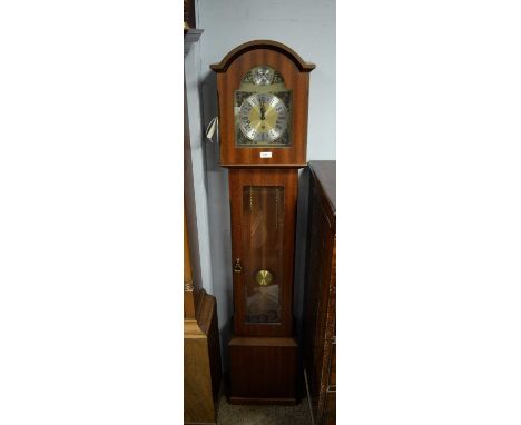 A 20th Century small longcase clock, with Tempus Fugit dial, pre-trained weight driven movement, above a glazed trunk, panel 