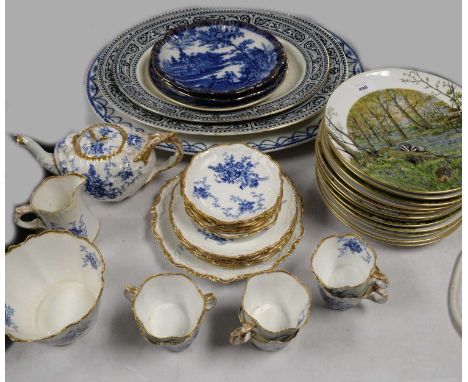 A late Victorian blue and white transfer printed tea set; together with a series of blue and white transfer-printed ashettes 