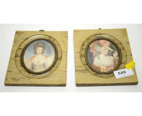 A pair of 20th Century watercolour miniatures on ivory, including: After Reynolds - Portrait of Georgiana Duchess of Devonshi