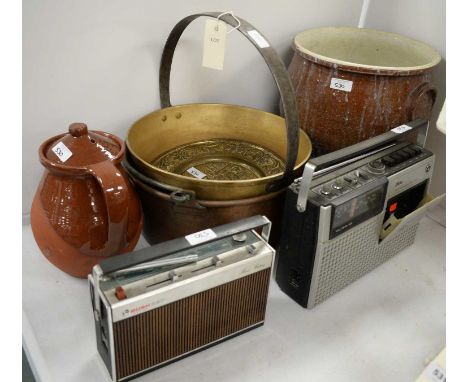 Collectors' items, including: copper and brass jam pans; a stoneware crock; and two vintage radios by Bush and Ultra.