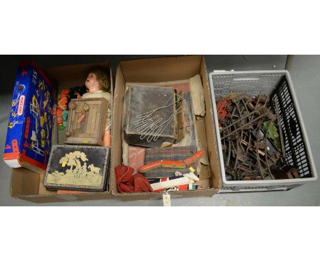 A collection of vintage toys, including: a doll; rubber stamp set; building blocks; chess pieces; and a Mark &amp; Co. Stream