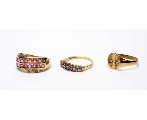 An amethyst and diamond ring, on 9ct yellow gold shank, ring size L; a pink stone and diamond ring, on 9ct yellow gold shank,