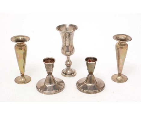 Two pairs of silver candlesticks, by William Hutton &amp; Sons Ltd, Birmingham 1901, and Addie Bros, Birmingham 1959; and a K