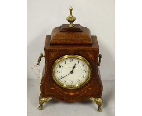 A Walker &amp; Hall mahogany mantel clock, with marquetry, string-inlaid, and feather-banded decoration to the case. 