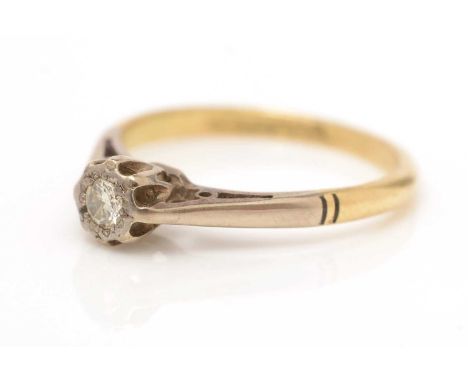 A single stone diamond ring, the brilliant cut diamond in illusion setting, on 18ct yellow gold shank, ring size J, 2.2g gros