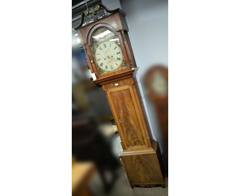 A Victorian mahogany eight-day longcase clock, the painted dial with figural spandrels and a scene with boy, dog and farmer, 