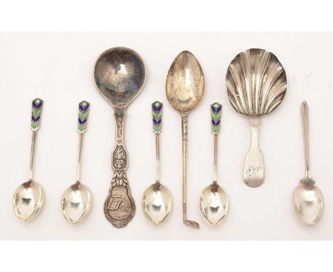 A silver caddy spoon, by Lister &amp; Sons; a Norwegian decorative spoon; two golf interest spoons; and four teaspoons with e