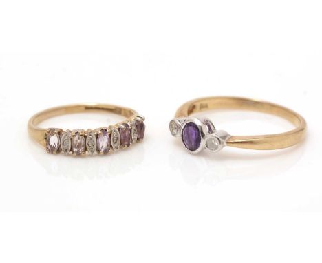 Two amethyst and diamond rings, each on 9ct yellow gold shank, 3.4g gross. 