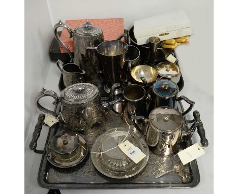 A collection of electroplate, including: a tea and coffee service; a cased set of dessert spoons; sundry cutlery; butter dish