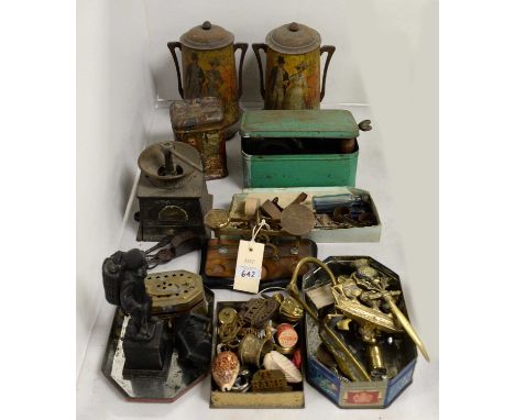Vintage kitchenalia and collectors' items, including: a William Bullock &amp; Co. coffee mill; a mincer; Georgian steel candl
