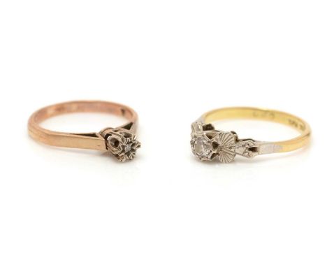 Two single stone diamond rings, one on yellow metal shank stamped '18ct Plat', ring size M, 2.8g gross; the other on 9ct gold