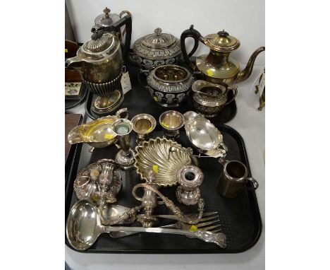 A collection of electroplate, including: three-piece tea service; a Georgian shaped coffee pot; and sundry jugs, etc.
