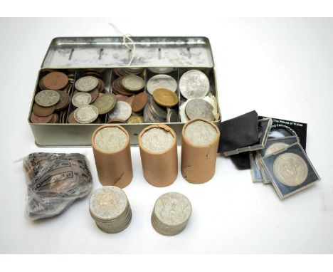 A vintage First Money savings box for Rent, Coal, Gas and Electricity, containing a collection of Queen Victoria and later co