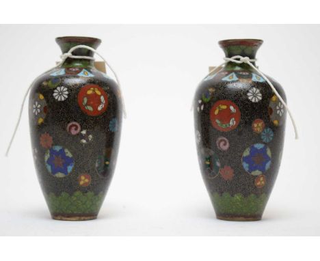 A pair of Meiji Japanese cloisonne enamel vases, 12cms high.