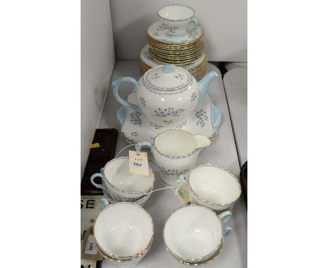 A Shelley 'Blue Rock' pattern tea service, No. 3545, comprising: teapot, nine cups, saucers, milk jug, cake plates, and sandw