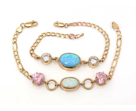 Two synthetic opal and 9ct yellow gold bracelets, each set with flanking stones, probably CZ, 17.9g gross. 