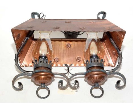 A modern wrought iron and copper pendant ceiling light, 70 x 50cms wide approximately.