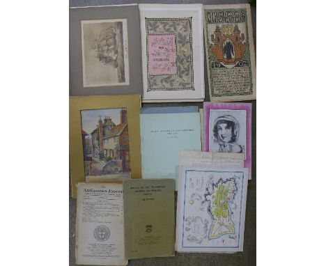 A box of ephemera including 1887 Victoria Golden Jubilee album, prints, watercolours, Australian share documents and photogra