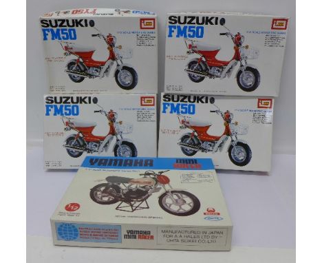 Four Imai 1/12th scale model kits and a Hales Yamaka 1/12th scale model kit, Suzuki FM05 and Yamaha mini racer, boxed