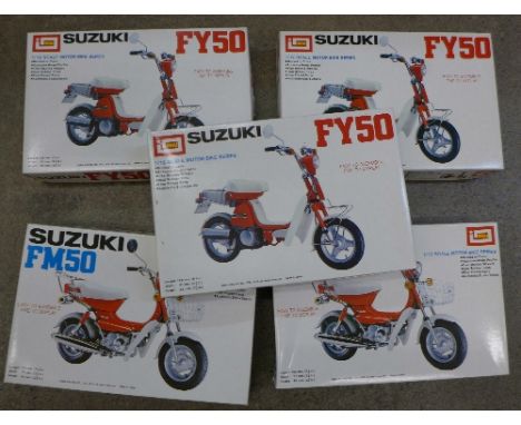 Five Imai 1/12th scale motorcycle kits comprising Suzuki FY50 and FM50, boxed