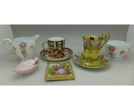 A Royal Crown Derby cup and saucer, 2451 pattern, a Royal Grafton sugar bowl and milk jug, a Limoges picture, a Five Towns ch