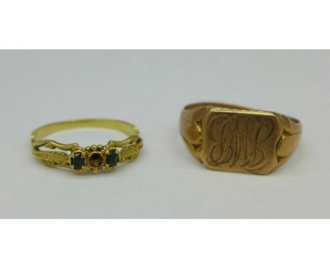 A 9ct gold ring and a yellow metal ring lacking one stone, total weight 5.1g, V and M