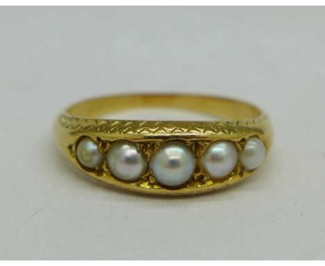 A yellow metal and five pearl ring, 3.6g, O
