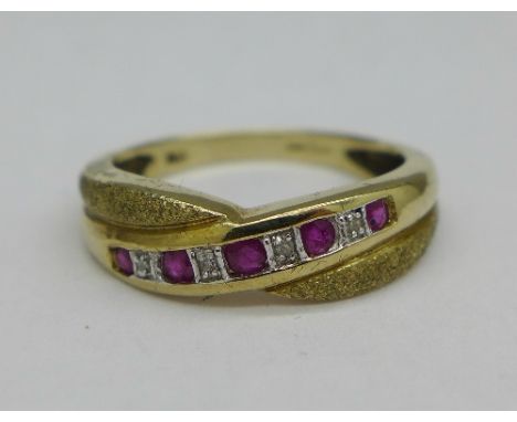 A 9ct gold ruby and diamond ring, 2.7g, N