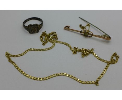 A 9ct gold chain, a 9ct gold brooch and a silver ring, weight of 9ct 6.4g