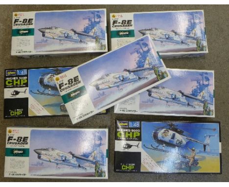 Seven Hasegawa model kits, five 1/72 scale and two 1/48 scale, boxed
