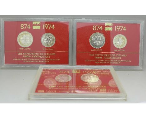Three sets of Iceland commemorative silver coins, 874 - 1974