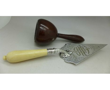 A late Victorian commemorative presentation trowel with ivory handle and a stone mason's mallet