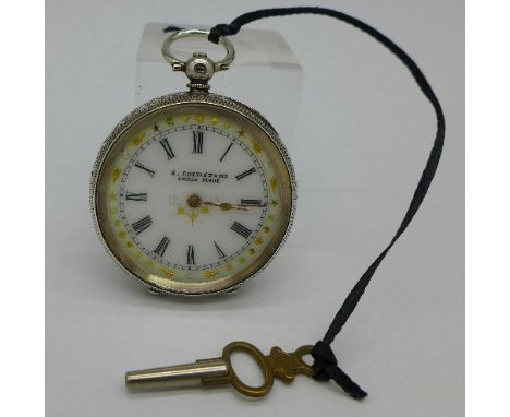 A silver and enamel fob watch with key, marked S. Goldstone on dial