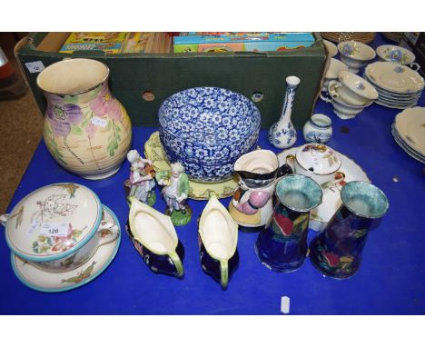 VARIOUS CERAMICS TO INCLUDE ROYAL WORCESTER EVESHAM FLAN DISH, DECORATED VASES, FIGURINES, BLUE AND WHITE BOWLS ETC