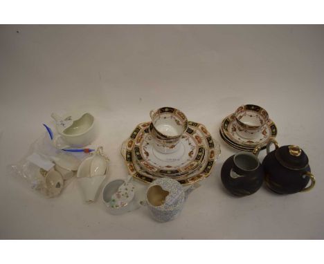 VARIOUS POTTERY FEEDING CUPS TO INCLUDE A GUYS HOSPITAL EXAMPLE, ASSORTED TEA WARES, JAPANESE SUGAR BASIN AND MILK JUG