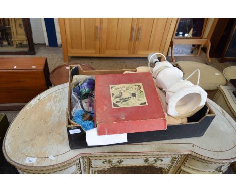 ONE BOX MIXED CLOTHING, TABLE LAMP AND 78RPM RECORD SET 'THE SONGS OF WILD BIRDS'